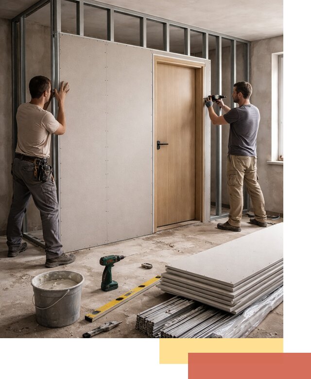 Перегородка из гипсокартона с дверью под ключ в Светлограде