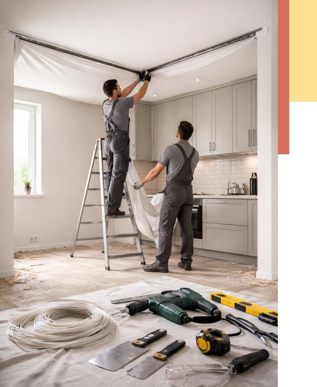 Установка натяжного потолка на кухне в Светлограде от 2438 руб. | ОТДЕЛОЧНИК-Свт